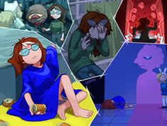 an animated image of a woman sitting on the floor with her eyes closed and other people standing around