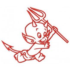 an embroidered image of a cartoon character holding a baseball bat and wearing a devil costume