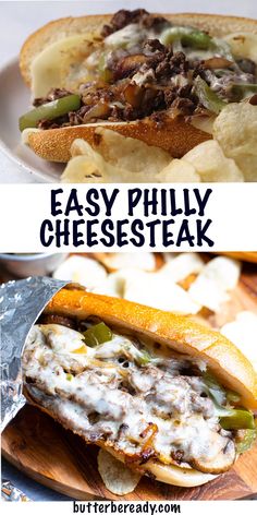 two pictures showing different types of cheesesteak on bread and in the middle one is an open pita sandwich