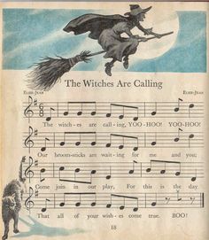 an old book with music notes and witches on it