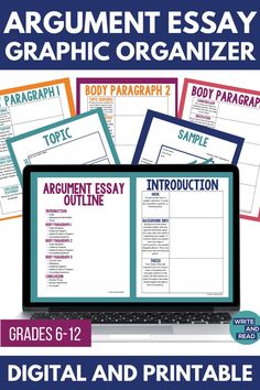 The bold text says, "Argument Essay Graphic Organizer. Digital and Printable." A laptop shows an argument essay outline and introduction graphic organizer. Behind the laptop, it also shows a topic page, a writing sample, and graphic organizers for the body paragraphs. Each page is surrounded with bright colored boxes. Essay Graphic Organizer, Middle School Language Arts Classroom, Writing Argumentative Essays, Secondary Ela Classroom, Argument Essay, High School Literature, Ela Lesson Plans, Body Paragraphs, The Writing Process