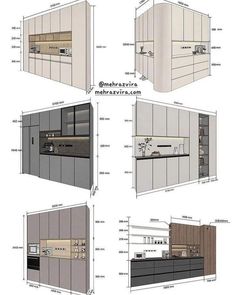 four drawings of kitchen cabinets and counters in various positions, with the measurements shown below