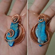 two pictures of a person holding a wire wrapped pendant