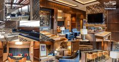 a collage of photos showing the inside of a hotel lobby with furniture and decor