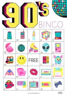 a poster with the words 90's bingo written in different colors and symbols on it