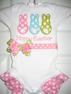 Easter Bunny Trio one piece with Ruffles by PolkaDotCloset on Etsy Patchwork, Couture, Tutus, Baby Sewing, Applique Monogram, Baby Sewing Projects, Easter Girl, Hoppy Easter, Diy Sewing Projects