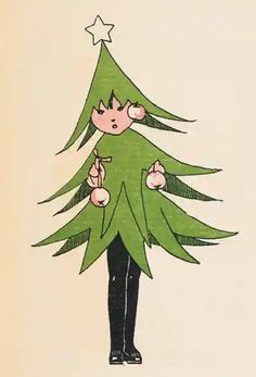 a drawing of a person holding a christmas tree