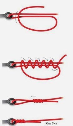 three different types of fishing hooks with red stringing on each end and two black hooks in the middle