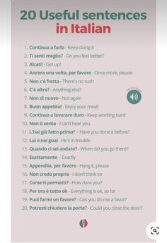 a poster with the words 20 useful sentences in italian