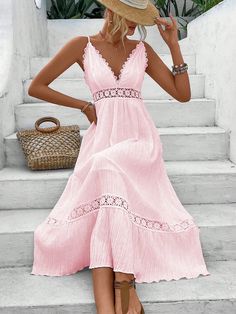 Pink Boho Collar Sleeveless Woven Fabric Plain Cami Embellished Non-Stretch  Women Clothing Pastel Summer Dresses, Pink Sundress, Rose Bonbon, Spaghetti Strap Dress, Greek Fashion, Summer Dress Outfits, Pink Boho, Women Long Dresses, Lace Ruffle