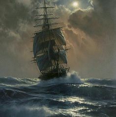 a painting of a ship in the ocean under a cloudy sky with sunbeams