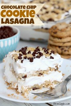 chocolate chip cookie lasagna on a plate with a fork and bowl of cookies in the background