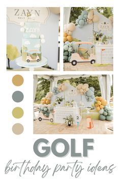 a golf themed birthday party with balloons, cake and decorations on the outside wall is featured in this postcard