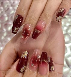 Red Nail Designs Aesthetic, Asian Red Nails Design, Aesthetic Red Nail Designs, Red Nail Art Designs Nailart, Red Theory Nails, Japanese Red Nails, Wine Red Jelly Nails, Japanese Nail Art Red, Red With Pink Nails