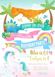 a birthday party poster with unicorns and dinosaurs