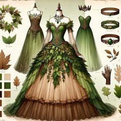 A beautiful dress, with accessory options, and a color palette. Had a fantasy mage in mind… but fairy queen turned out to be the better description Fairy Goddess Outfit, Fairytale Cottage Dress, Earth Costume Ideas, Earth Inspired Dress, Fantasy Nature Outfit, Fantasy Forest Clothing, Dryad Outfit, Forest Theme Dress, Headwear Drawing