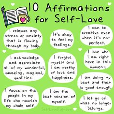 an image of affirmations for self - love with speech bubbles on green background