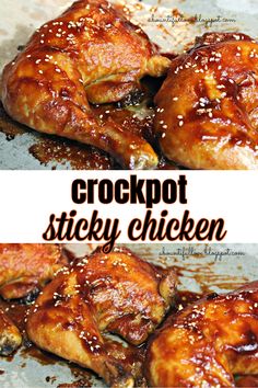 crockpot sticky chicken with sesame seeds on top and in the background, there is an image of cooked chicken