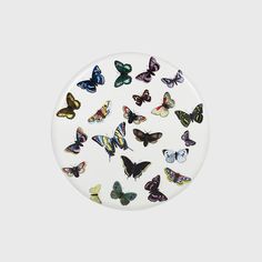 a white plate with many different colored butterflies on the front and back of it, all in various shapes and sizes