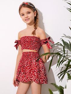 Red Boho  Short Sleeve Polyester Ditsy Floral  Embellished Non-Stretch Summer Girls Clothing Ditsy Floral Top, Preteen Fashion, Dresses Kids Girl