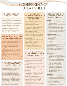 Working toward healing codependency in relationships starts with a foundational understanding of how codependency shows up. This cheat sheet offers several sections including a definition of codependency; signs and symptoms of codependency; self-care ideas in recovery; as well as resources and tools to help when healing from codependency. A useful beginner's guide to build your codependency recovery toolkit. Codependency Signs, Codependency Healing, Healing Codependency, Overcoming Codependency, Codependency Recovery, Codependency Relationships, Healthy Communication, Active Listening, Social Worker