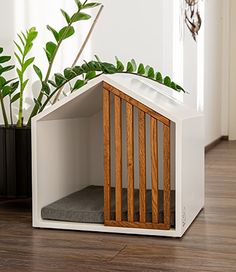 a dog house with a plant in it and a cat bed on the floor next to it