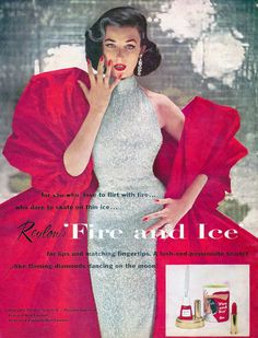 an advertisement for revlon's fire and ice, featuring a woman in red