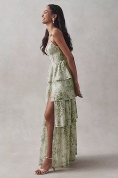 V. Chapman Caterina Corset Ruffle Dress | Anthropologie Wedding Guest Dress Summer Beach, Corset Ruffle Dress, Print Maxi Dress Outfit, College Grad Dresses, Semi Formal Dresses For Wedding, Mismatched Green Bridesmaid Dresses, Olive Green Bridesmaid Dresses, V Chapman, Casual Bridesmaid Dresses