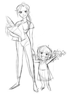 a drawing of a woman holding a child's hand and standing next to her