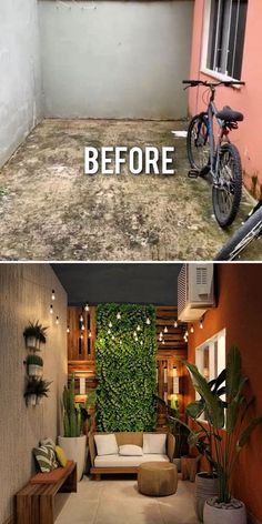 before and after photos of an outdoor living room with plants growing on the wall, then in between