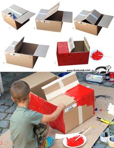 there are many boxes that have been painted red and one boy is painting the box