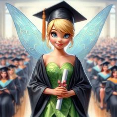 a painting of a girl dressed as a fairy holding a diploma in front of a large group of people