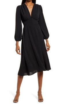 Move gracefully from day to night in this plunge-neck dress styled with puff sleeves and a drapey A-line skirt. 100% polyester Hand wash, line dry Made in the USA of imported fabric Black 3/4 Sleeve Dress, Women’s Dresses, Dress For Fall Wedding Guest, Black Midi Dress Long Sleeve, Empire Waist Dress Casual, Black Day Dress, Empire Cut Dress, Black Empire Waist Dress, Black Funeral Dress