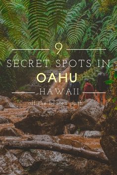 the words secret spots in oahuu, hawaii surrounded by trees and rocks with people hiking