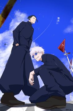 two anime characters sitting on the ground in front of a blue sky and some clouds