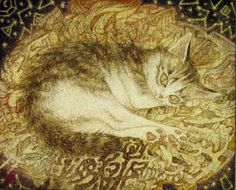 a drawing of a cat sleeping on top of a rug with stars and swirls around it