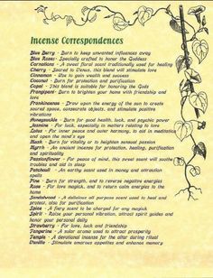 ` Incense Correspondence, Wicca Correspondences, Folk Lore, Under Your Spell, Magick Spells, Wicca Witchcraft, Wiccan Spells, Practical Magic, Kitchen Witch