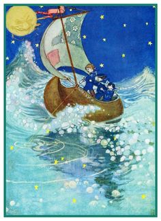 an illustration of two people on a boat in the ocean with stars and moon above them