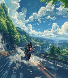 a man riding a motorcycle down a road next to a lush green hillside under a cloudy blue sky