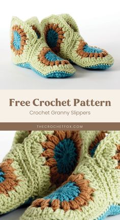 two crocheted slippers with the words free crochet pattern on them