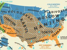 a map of the united states with names and major cities in blue, red, yellow and orange