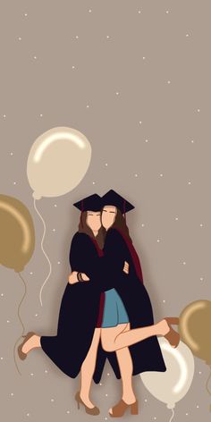 two women hugging each other while wearing graduation gowns and holding balloons in the air