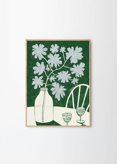 a green and white painting with flowers in a vase