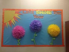 bulletin board with three pom poms and the words let's shine this year