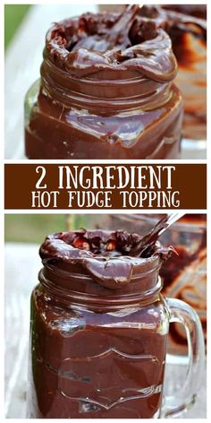 chocolate pudding in a jar with text overlay that says thick & easy hot fudge topping