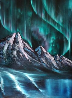 an oil painting of mountains with green and blue lights