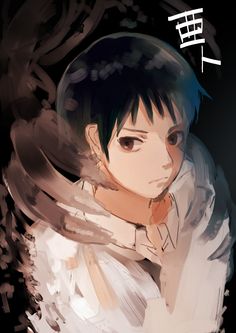 an anime character with black hair and white shirt, holding his hand on his chest