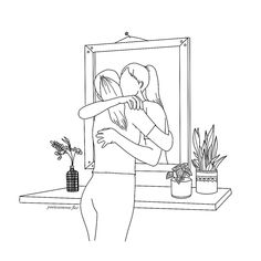 a man and woman hugging in front of a mirror with houseplants on the table