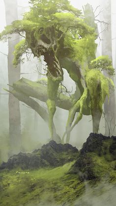 a digital painting of a tree in the middle of a forest