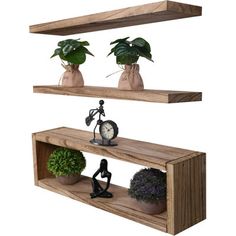 three wooden shelves with plants and figurines on them, one holding a clock